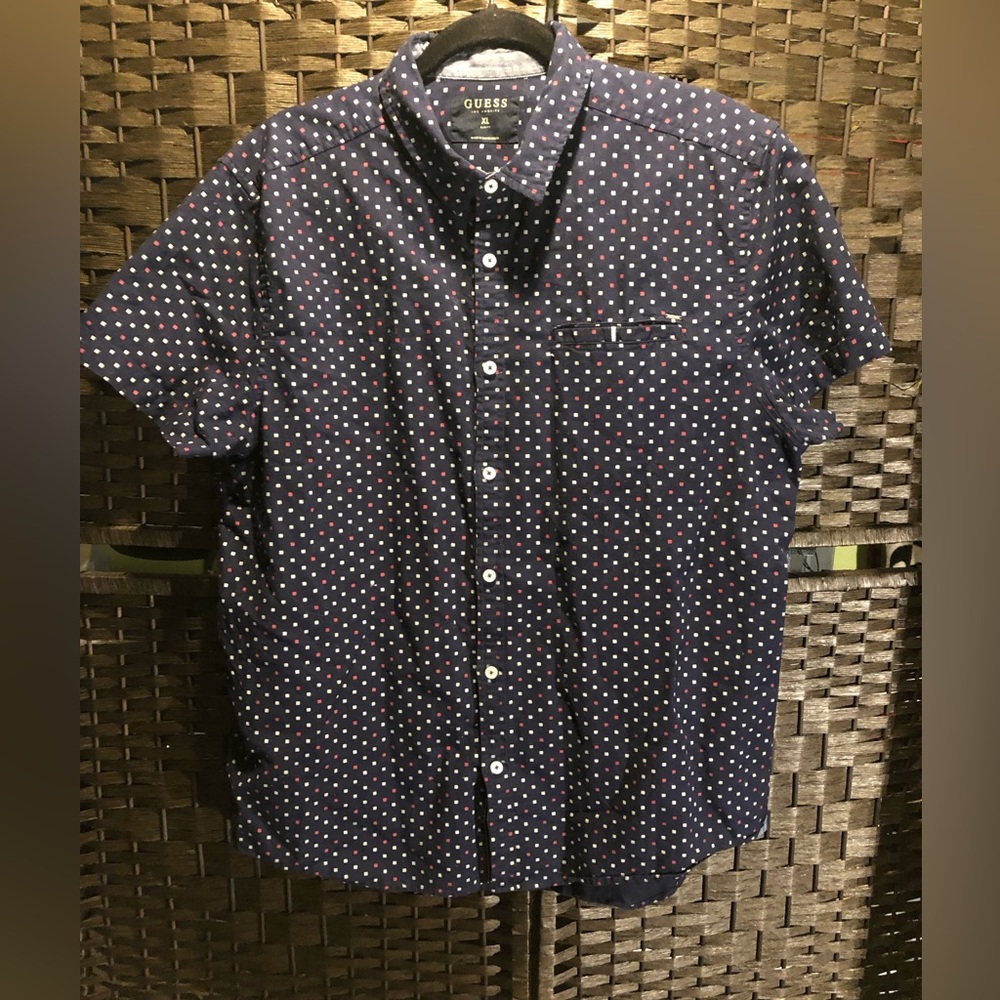 Guess Los Angeles Slim Fit Button Front Shirt Blue Geometric Print Menās XL